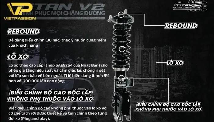 Giảm xóc ô tô Titan V2 sở hữu những đặc điểm nổi trội về tính năng, giúp xe di chuyển êm ái trên mọi địa hình Những ưu điểm sử dụng giảm xóc ô tô Titan V2