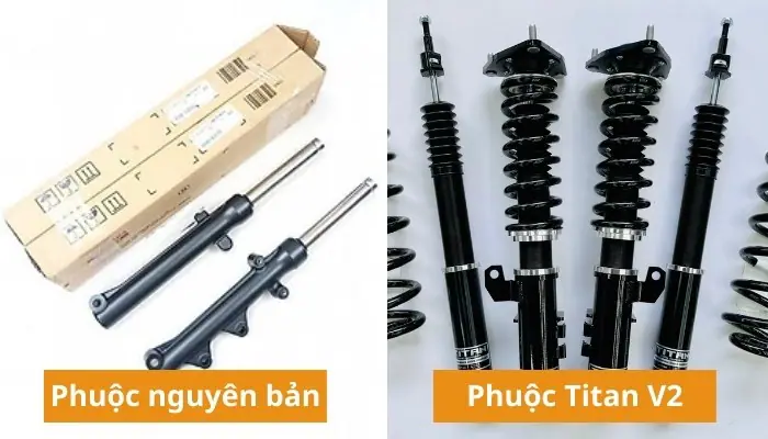 So sánh giảm xóc ô tô Titan V2 và phuộc nguyên bản Phuộc xe ô tô Titan V2 giống và khác nhau gì so với phuộc nguyên bản?